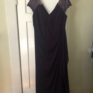 Scape plum lace shoulder gown